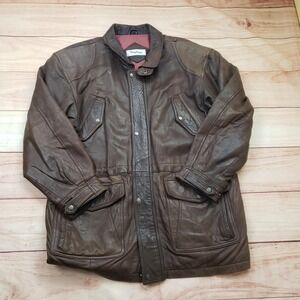 Philippe Monet Leather Coat Mens Large Brown Insulated Zip Jacket Pockets Lined